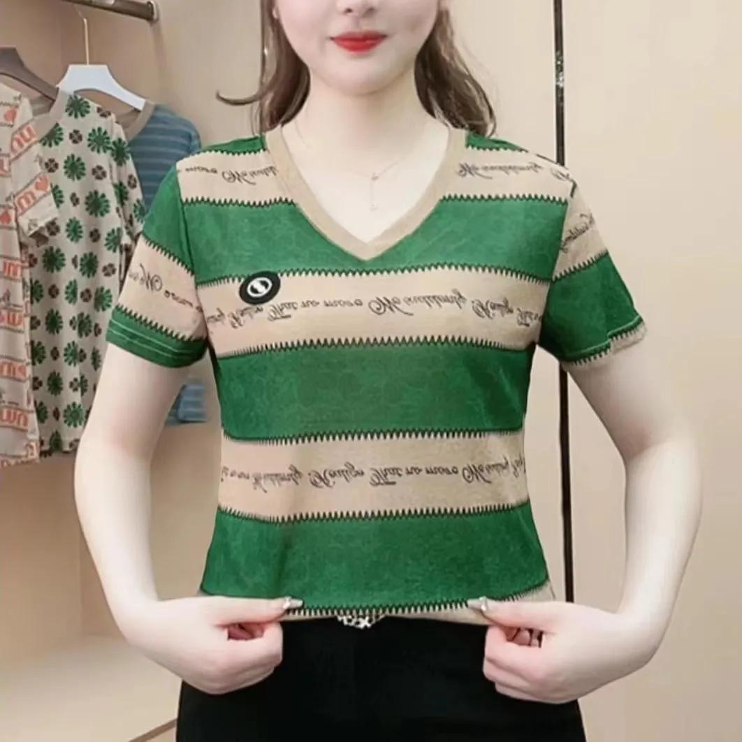 

Женская летняя темпераментная футболка с V-образным вырезом и короткими рукавами, облегающая и удобная, состаривающая, тонкие топы больших размеров M зелёный