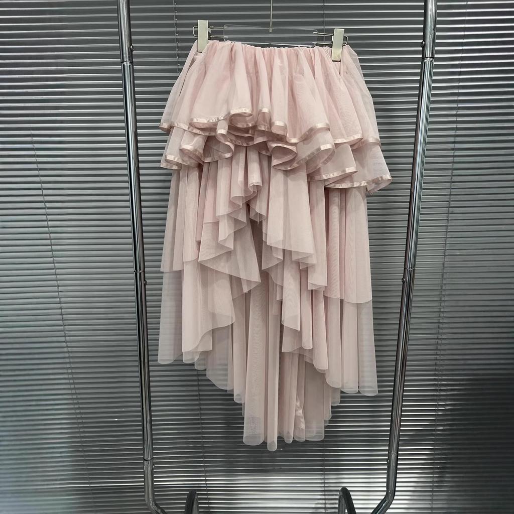 Spring 2026 High-Waist Multi-Layer Irregular Long Fluffy Skirt with Side Slit