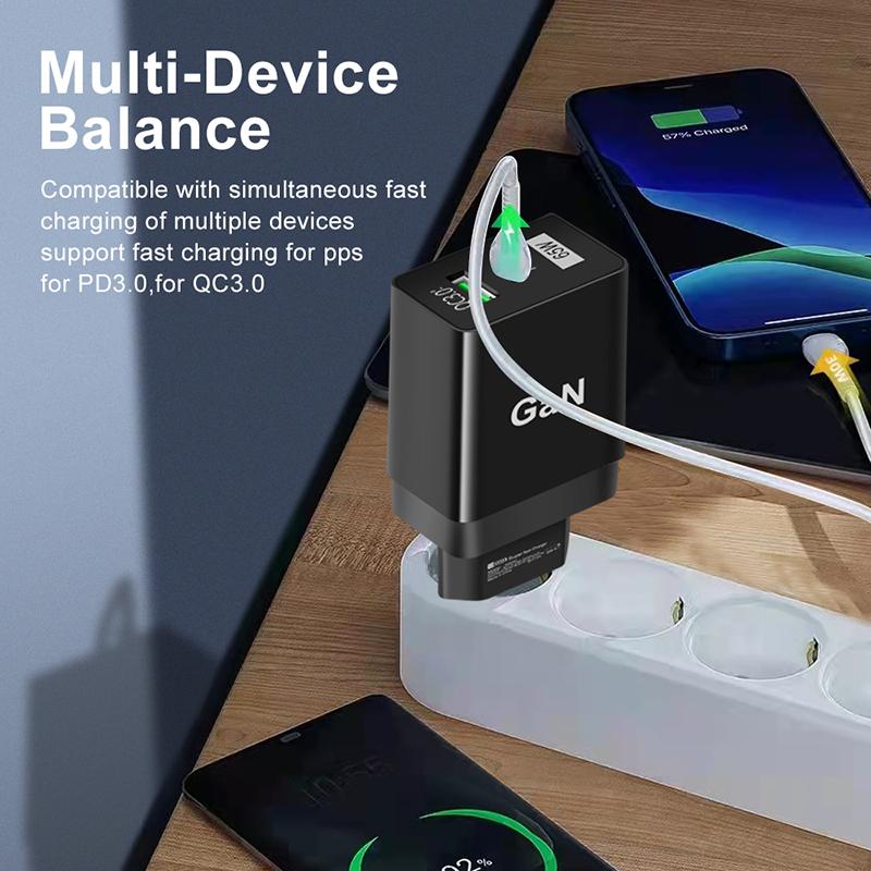 US/EU/UK Plug 65W GaN Fast Charger QC3.0 USB+Type-C PD For IOS Android Charge 5V/6.6A 9V/3A 12V/2.75A 20V/1.67A Quick Charging