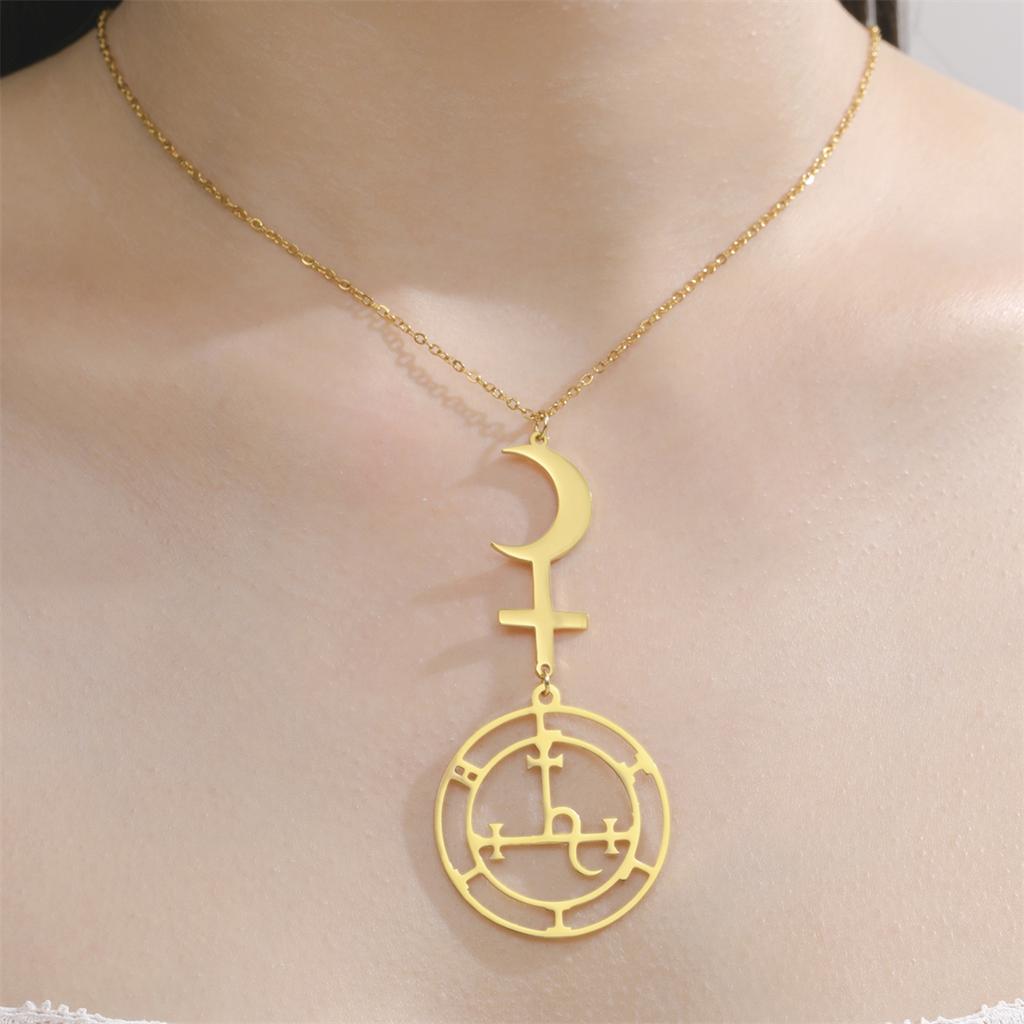  Mythical Goddess Sigil of Lilith Necklaces Stainless Steel Crescent Moon Cross Pendant Necklace Solomon Amulet Jewelry