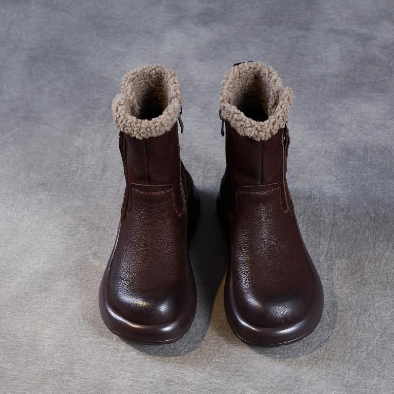 Johnature Thick Soled Genuine Leather Women's Boots Plush Warm Cotton Shoes Versatile Mid-calf Boots