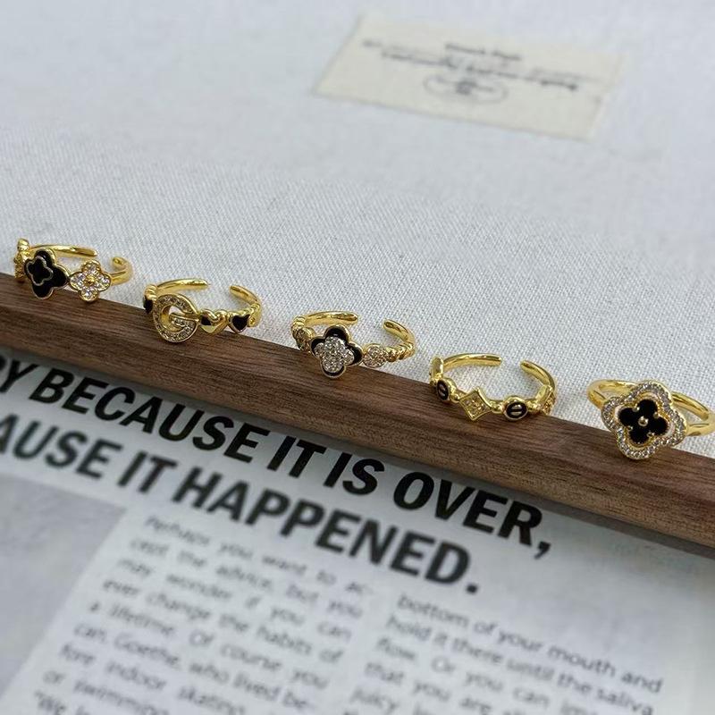 Dark Oil Dripping Full Diamond Inlaid Zirconium Four-Leaf Clover Open Ring Simple Light Luxury High Fashion Women