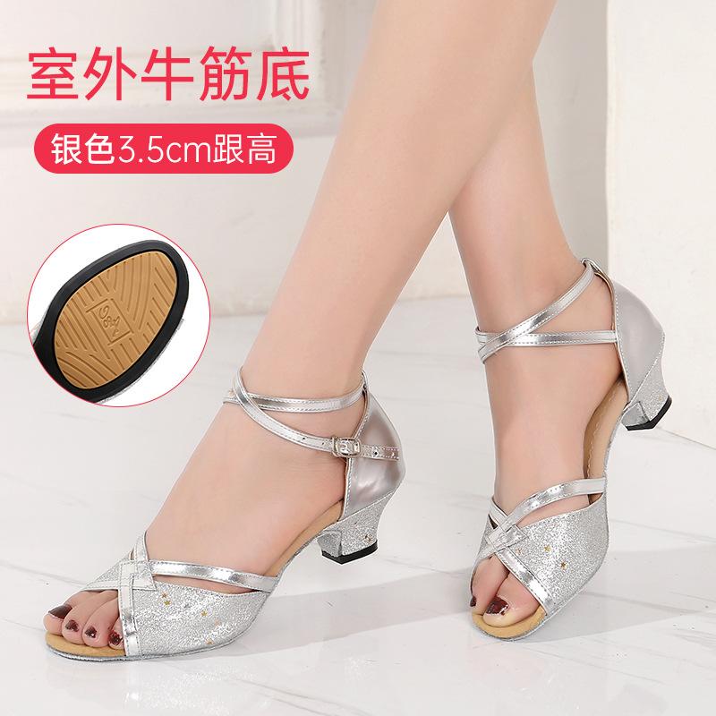 Girls Dance Shoes Sequined Latin Dance Shoes Open Toe Sandals High Heels Crystal Sparkling Standard Dance Shoes