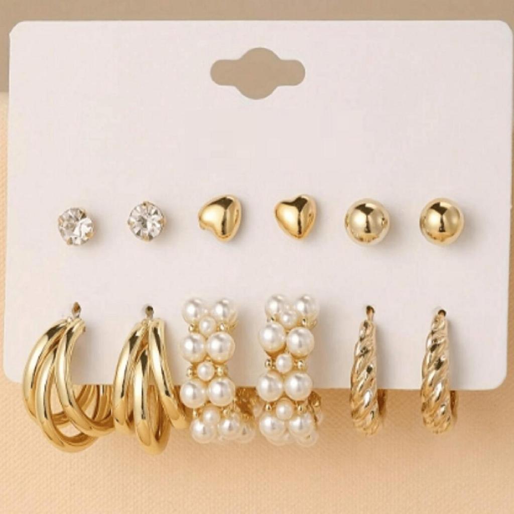 6-Piece Geometric & Pearl Cross Earrings Set: Metal Ear Cuffs and Round Alloy Designs for Women