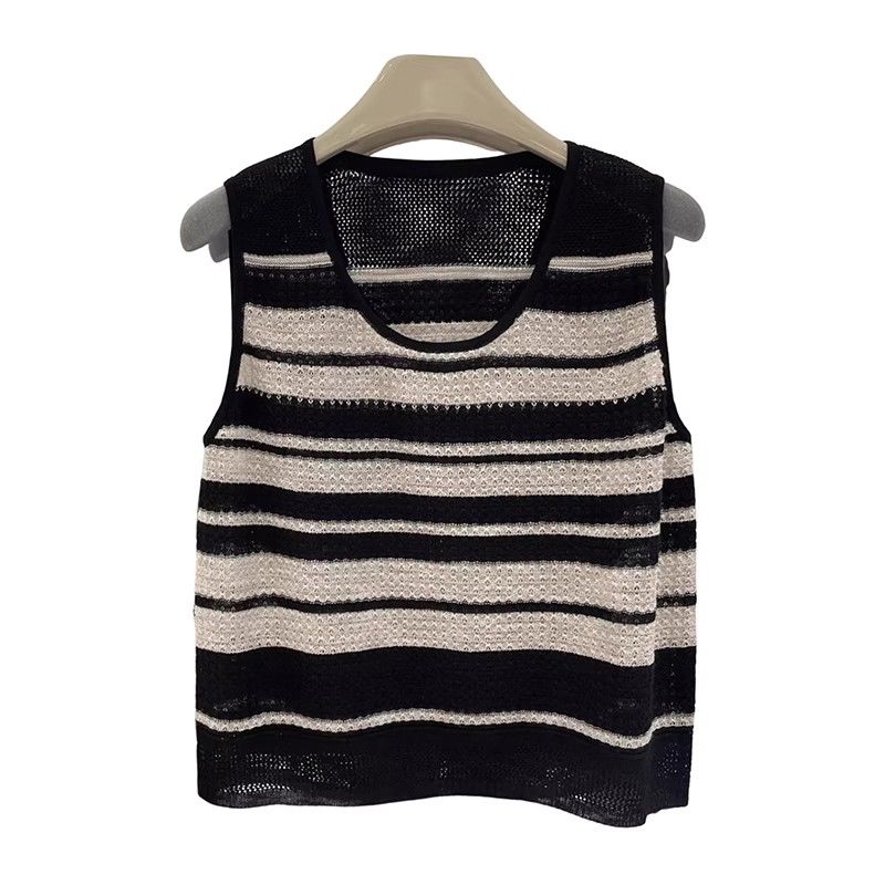 

Женский трикотажный топ из ледяного шелка с ажурным узором, в полоску, с цветными блоками, летний модный жилет для женщин среднего и молодого возраста 2XL