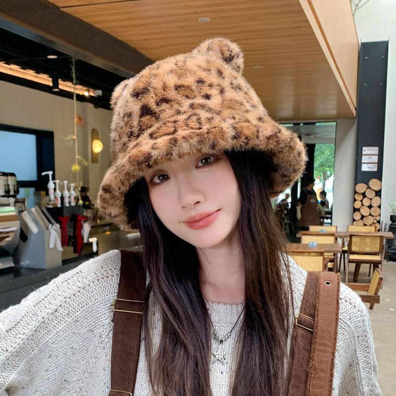 Autumn And Winter Leopard Print Plush Bucket Hat Cute Ears Warm Basin Hat Fashionable Wear Commuter Essential Hat