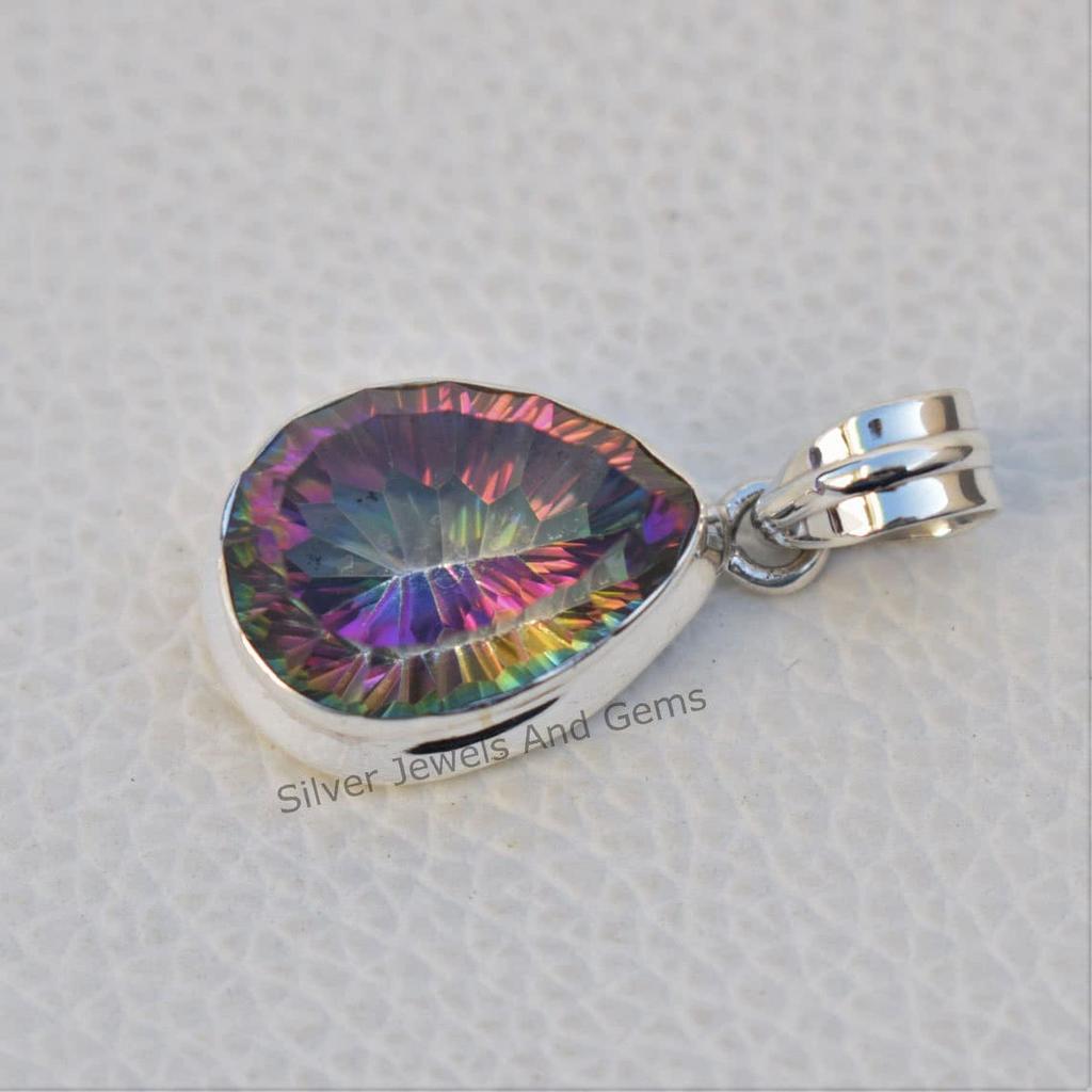 Mystic Topaz Pendant, 925 Sterling Silver Pendant, Teardrop Topaz Necklace, Anniversary Pendant, Handmade Pendant