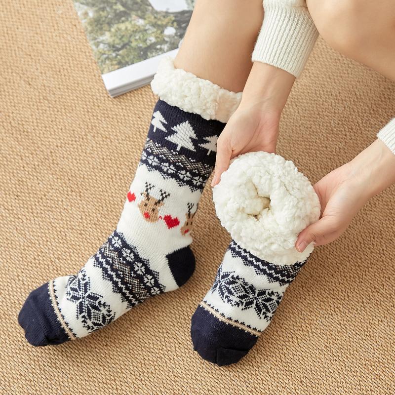 Christmas Slipper Socks Women Winter Thick Floor Socks with Grippers Non Slip Warm Fuzzy Socks Sleep Home Snow Sock Xmas Gifts