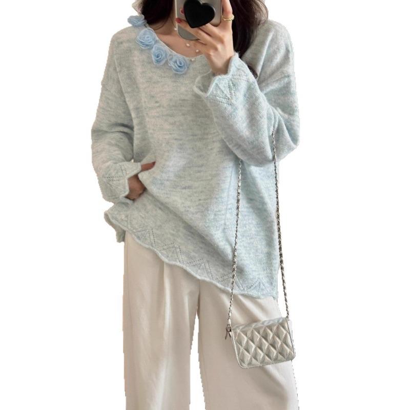 Early Autumn New Three-dimensional Flower Design Sweater Pullover Soft Waxy Loose Gentle Wind Knitted Sweater Top Women