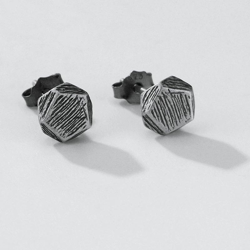 Unisex Retro Hexagonal Diamond Stud Earrings - Fashionable Imitation Thai Silver Jewelry