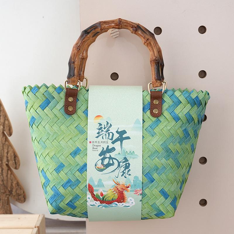 Women's Bamboo Handle Woven Beach Tote Bag