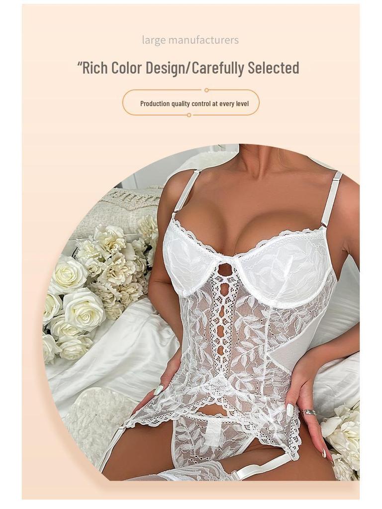 European and American Hot-Selling Semi-Transparent Lace Push-Up Erotic Bodysuit Lingerie Set