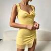 Hot-selling swinging neck wide shoulder strap mesh hip-wrapped short skirt women's back hollow lace-up waist irregular dress