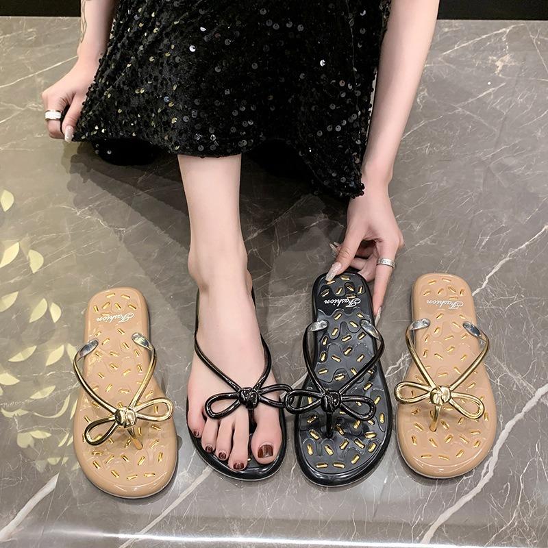 New Bow Flip-flops Summer Women's Go Out Fashionable Versatile Foot Pinch Cool Slippers Jelly Crystal Non-slip