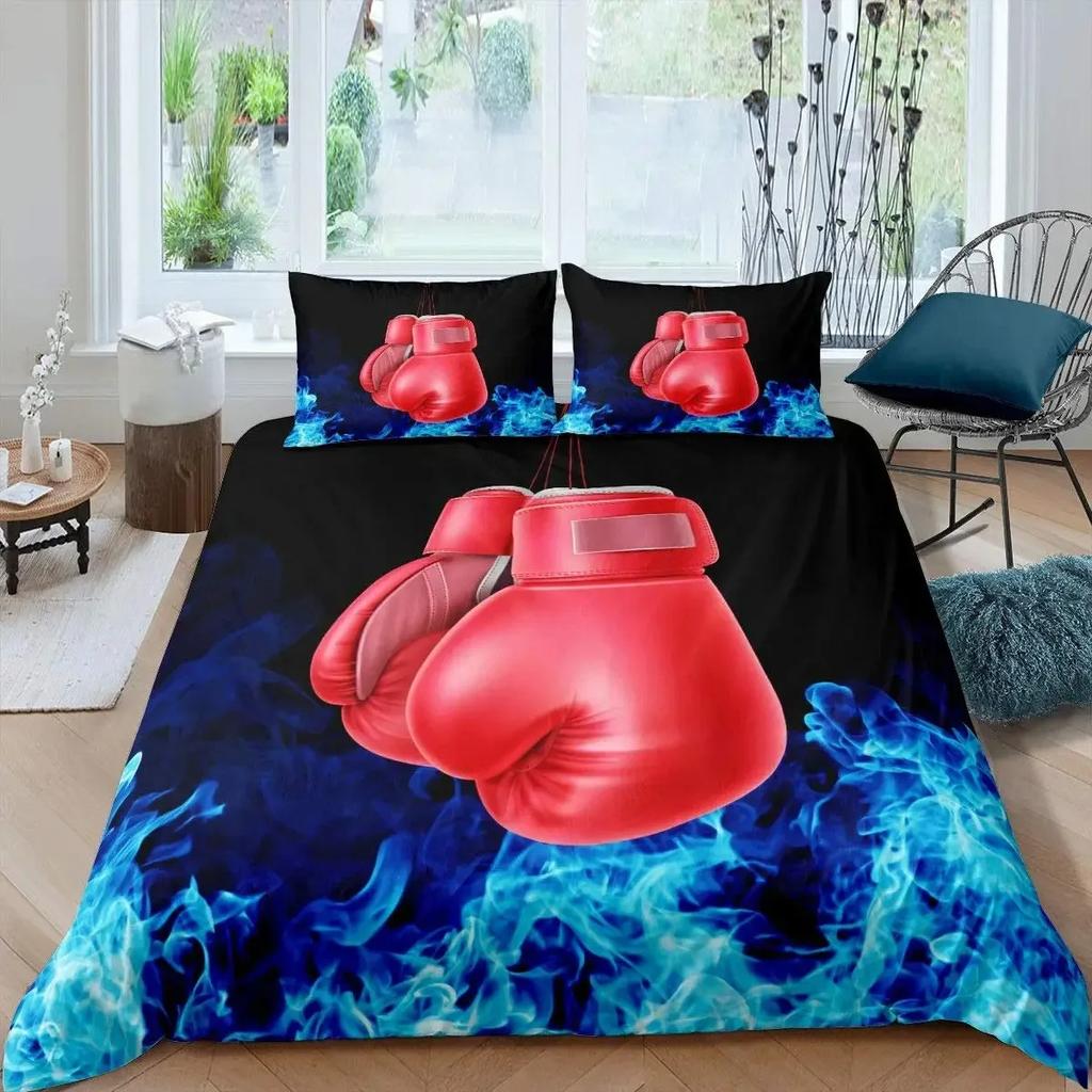 Adult Boxing Duvet Cover Set Queen,Sports Games Theme Bedding Sets Boxing Gloves Quilt Cover,Athlete Silhouette Comforter Cover