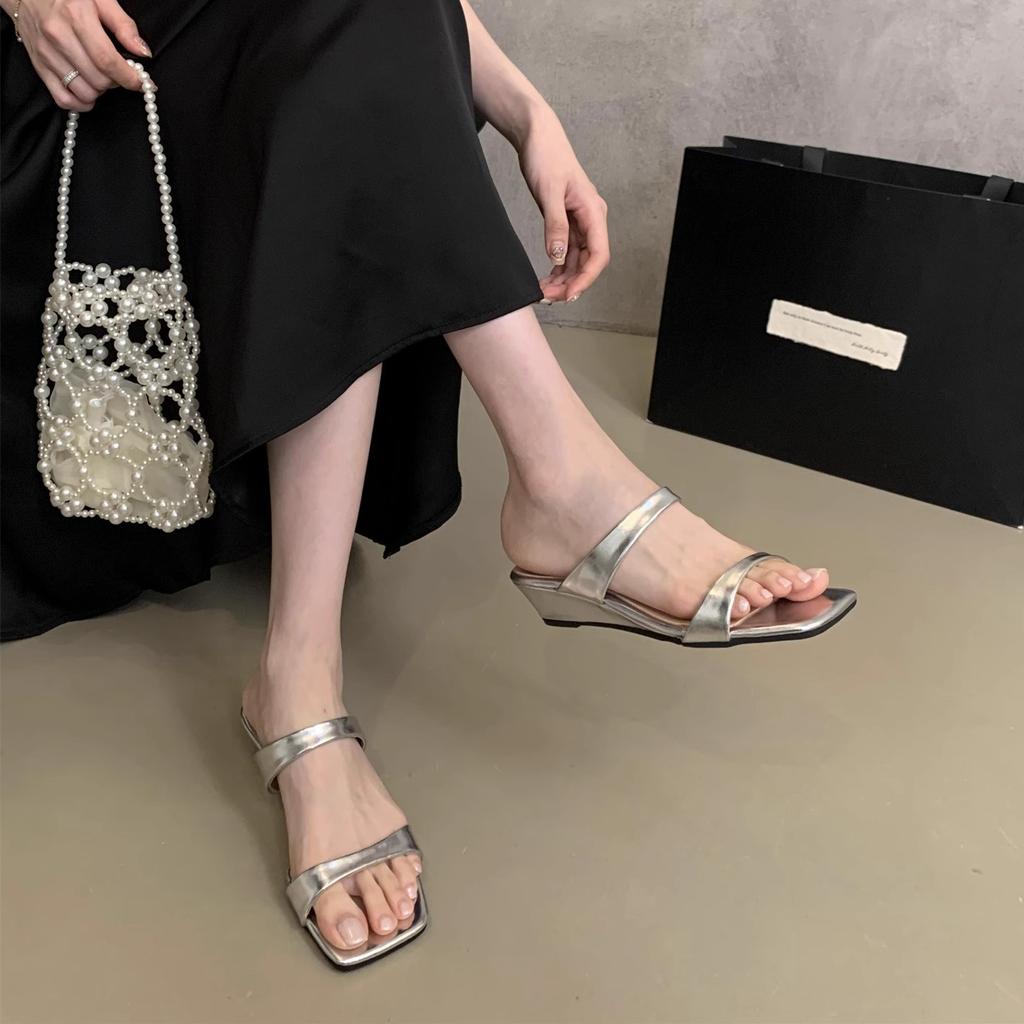 Temperament Satin Square Head Open-toed Sandals Summer New One-word with Wedge Heels Cool Slippers Women's Wear