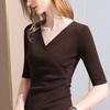 Bottom Shirt Women's Spring and Autumn New Women's Clothing Medium-sleeved Wool Sweater Design Sense Cross V-neck Waist Top