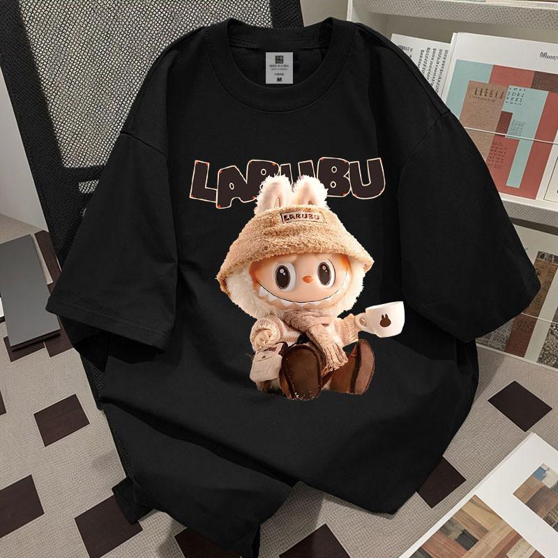 New LABUBU Cartoon Print Short Sleeved T-shirt Women's Round Neck Top Cute Casual Fashion