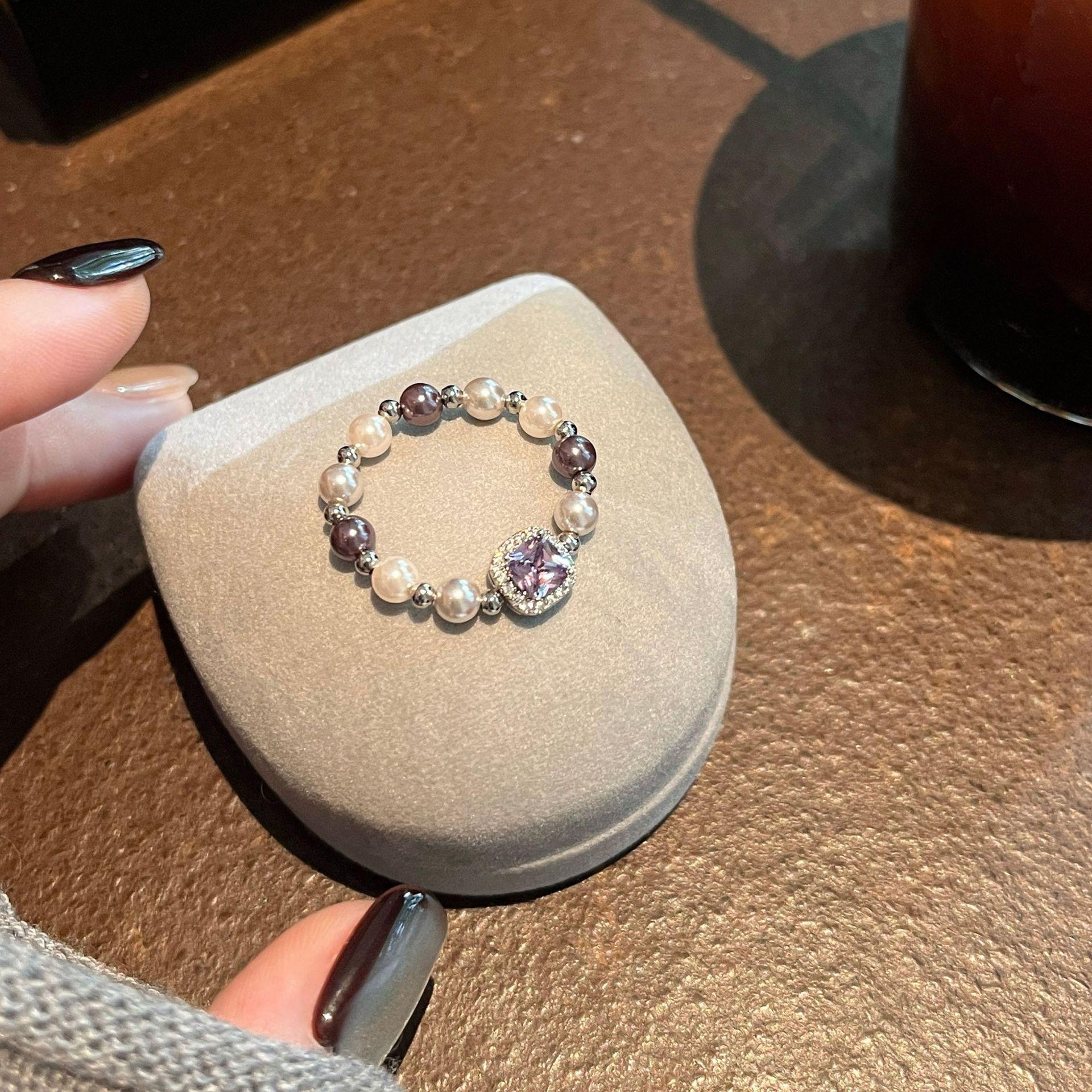 Zircon pearl square elastic ring French retro elegant fashion temperament index finger ring