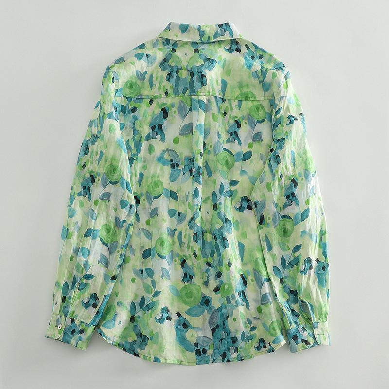 2025 Spring Green Floral Lapel Shirt for Women – Lightweight, Versatile & Loose Fit