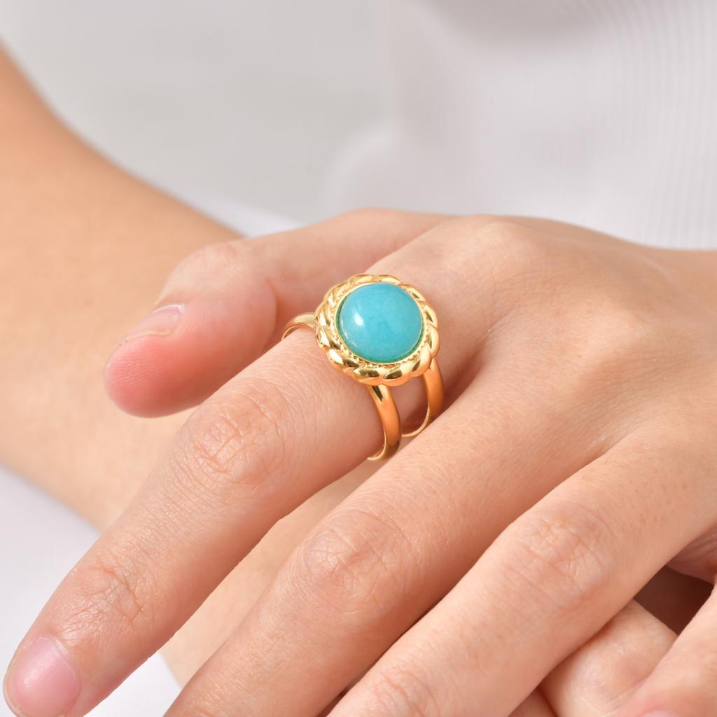Stainless Steel Natural Stone Open Ring for Women,Round Faux Light Blue Jade Pattern Rings, 18K Gold-Plated Finger Jewelry Gift