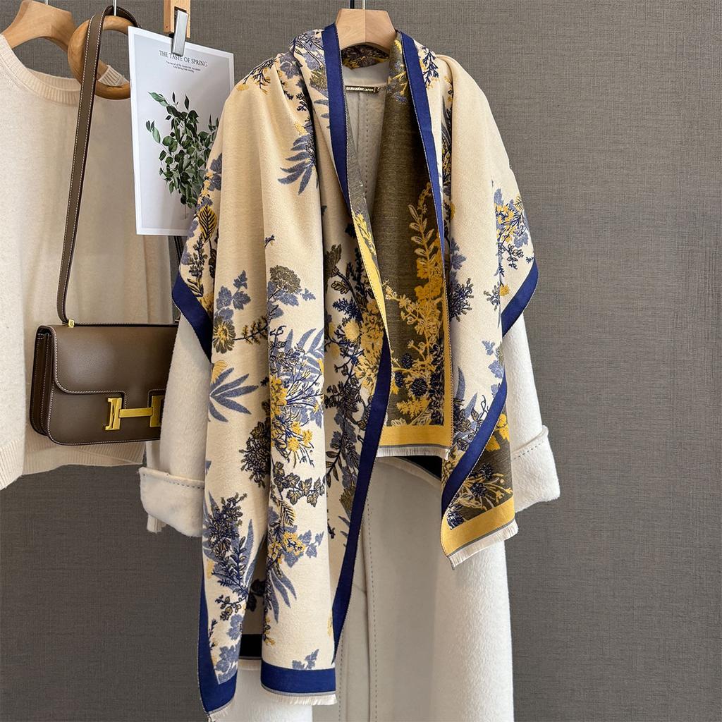 Autumn new retro style plant flower imitation cashmere scarf women's thickened warm medium and long jacquard shawl scarf