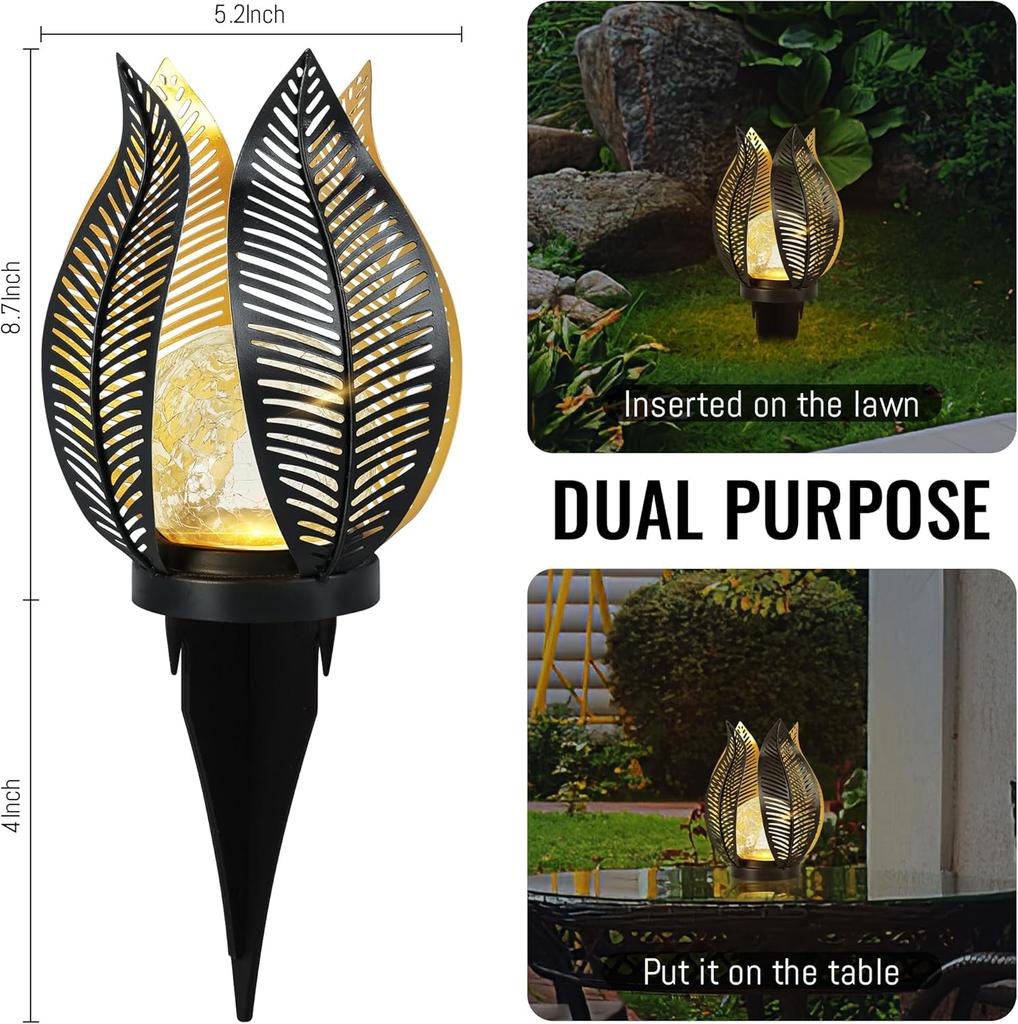 Solar Garden Lights Waterproof Crackled Globe Glass Metal Palm Leaf Outdoor Decor for Garden Patio Yard Front Porch Tabletop Lam