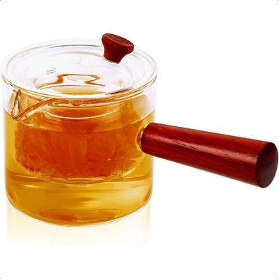 Théière en Verre avec Infuseur pour Thé en Feuilles Petite Bouilloire Magique pour Cuisinière Kyusu Japonais Transparent avec Manche en Bois 17 oz