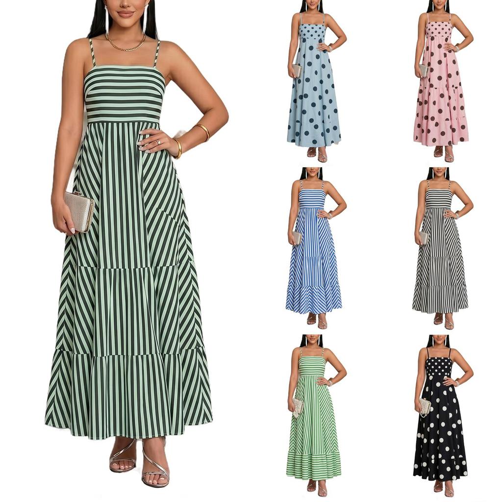Damen Sommer Maxikleid mit Polka-Dot und Streifenprint, Spaghettiträgern, Stufenrock, Lässiger Lockerer Schnitt, Langes Kleid