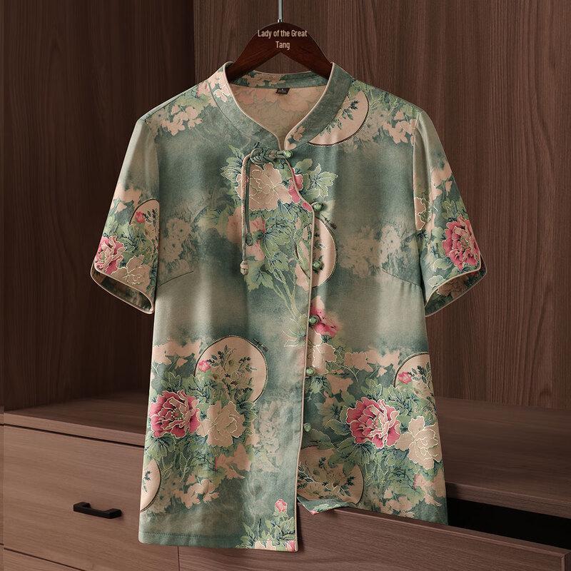 

Elderly Women s Round Neck Short Sleeve Cardigan Blouse 2XL