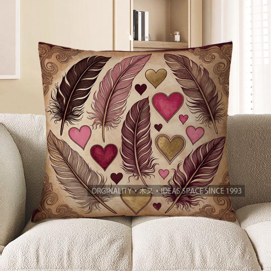 2D Feathers & Hearts Patterned Decorative Pillow Covers Pattern Cushion Cover Suitable For Sofa Bedroom Car Pillow Cover