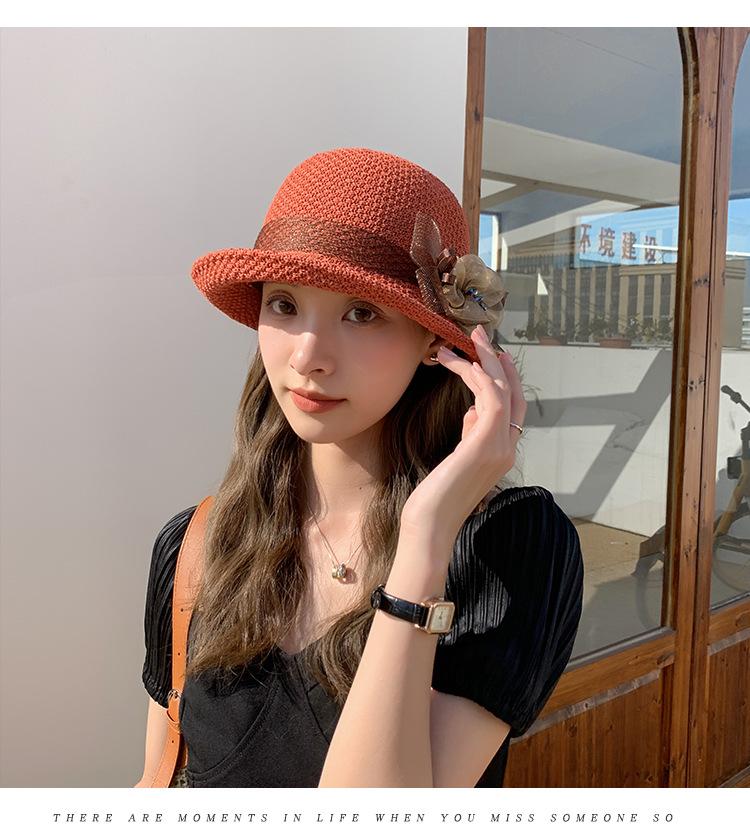 Fashion Elegant Version Women Summer New Knitted Breathable Flower Fisherman Hat Sunshade Sunscreen Curly Edge Short-brimmed Hat