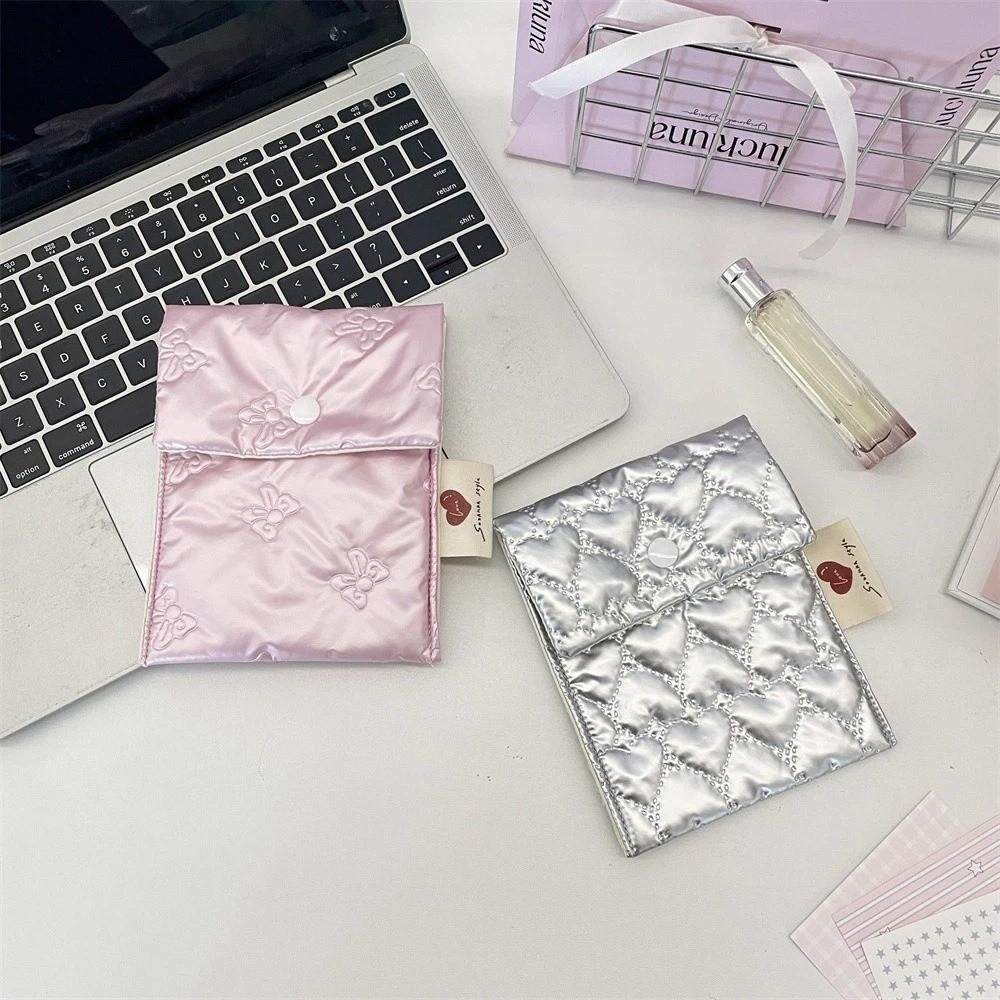Large Capacity Sanitary Napkins Storage Bag Embossed Bow Makeup Bag Multi-Purpose Use