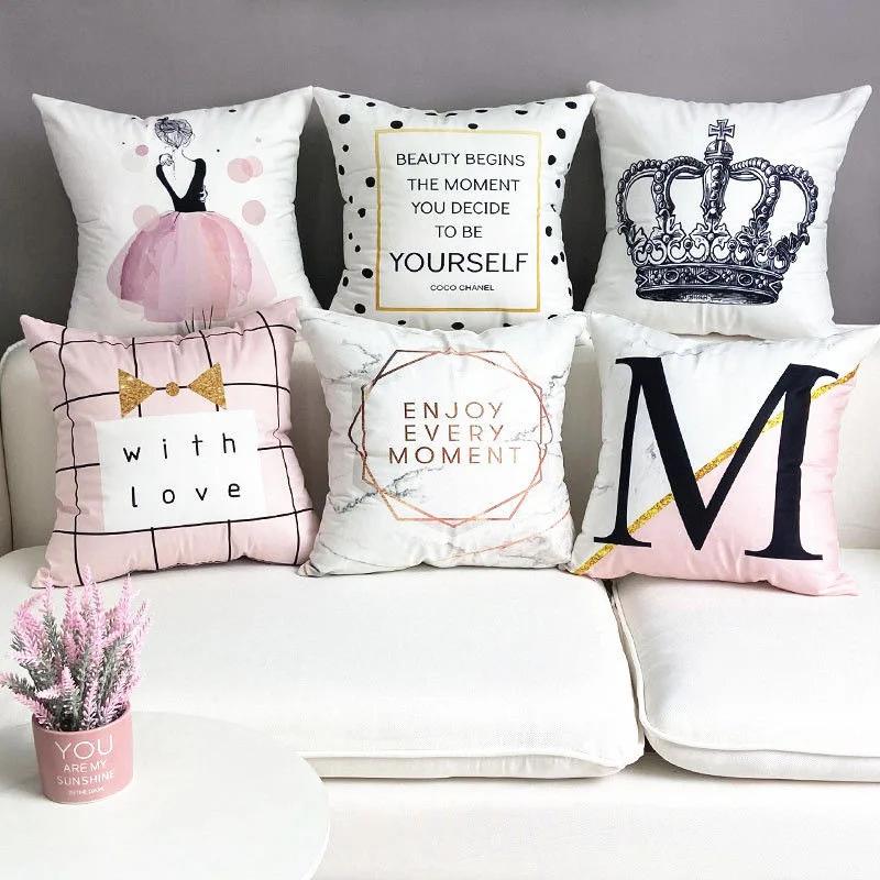Rosa und schwarze geometrische Buchstaben bedruckte Sofakissenbezug Kissenbezug Heimdekoration Party Auto Bettwäsche