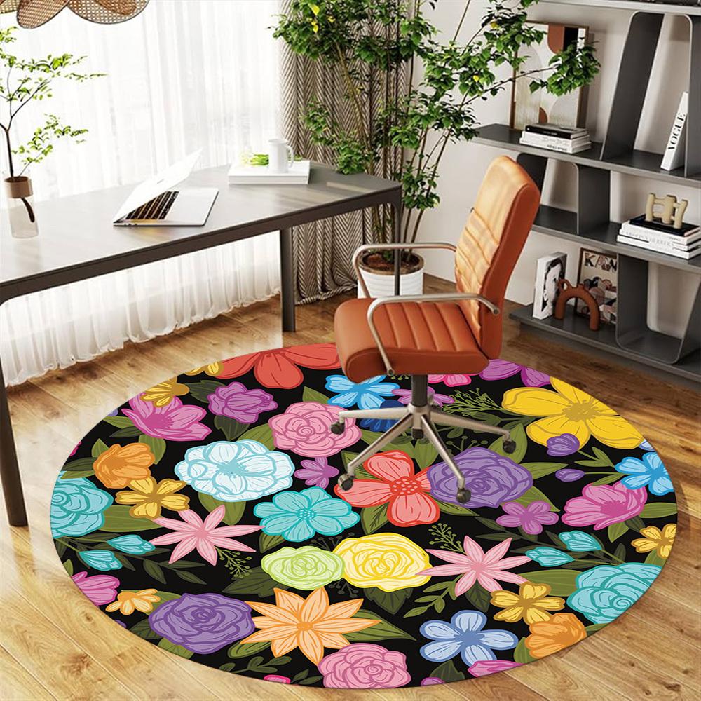 1pc Flowers Pattern Round Chair Mat Area Rug - Non-Slip, Floor Mat for Office, Bedroom, and Indoor Decor -1002163