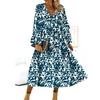 Bohemia European American Summer New Fashion V Neck Leaves Print Horn Long Sleeves Mid Length Long Length Dress Dress
