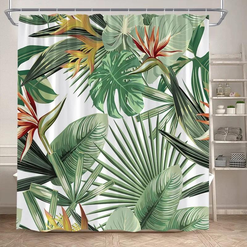 Leaves Shower Curtain Green PTropical alm Leaf Monstera Plant Bath Curtains Set Polyester Fabric Home Bathroom Decor with Hooks