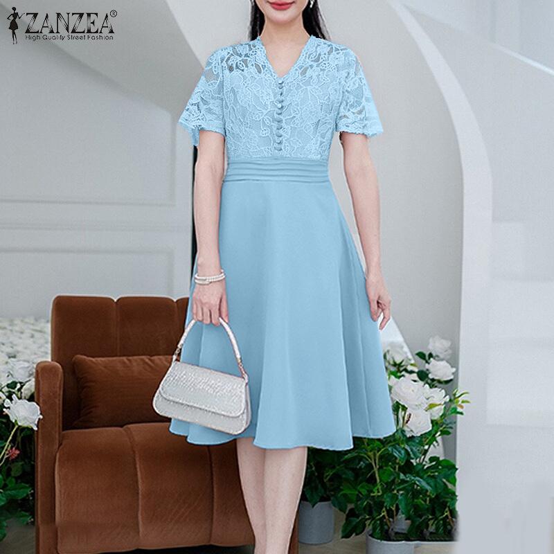 

ZANZEA Women Elegant Lace Patchwork V-Neck Summer Short Sleeve Dress S синій