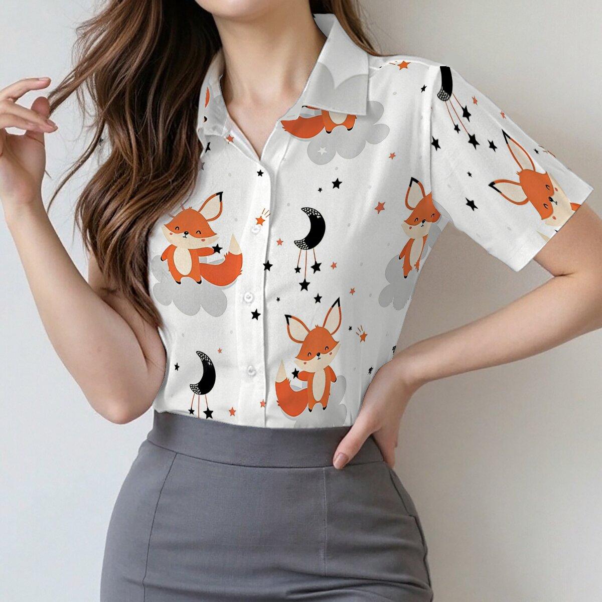 Simple and Personalized Cartoon Fox Print Women s Summer Collar Short Sleeved Shirt, Fashionable Daily Versatile Top S