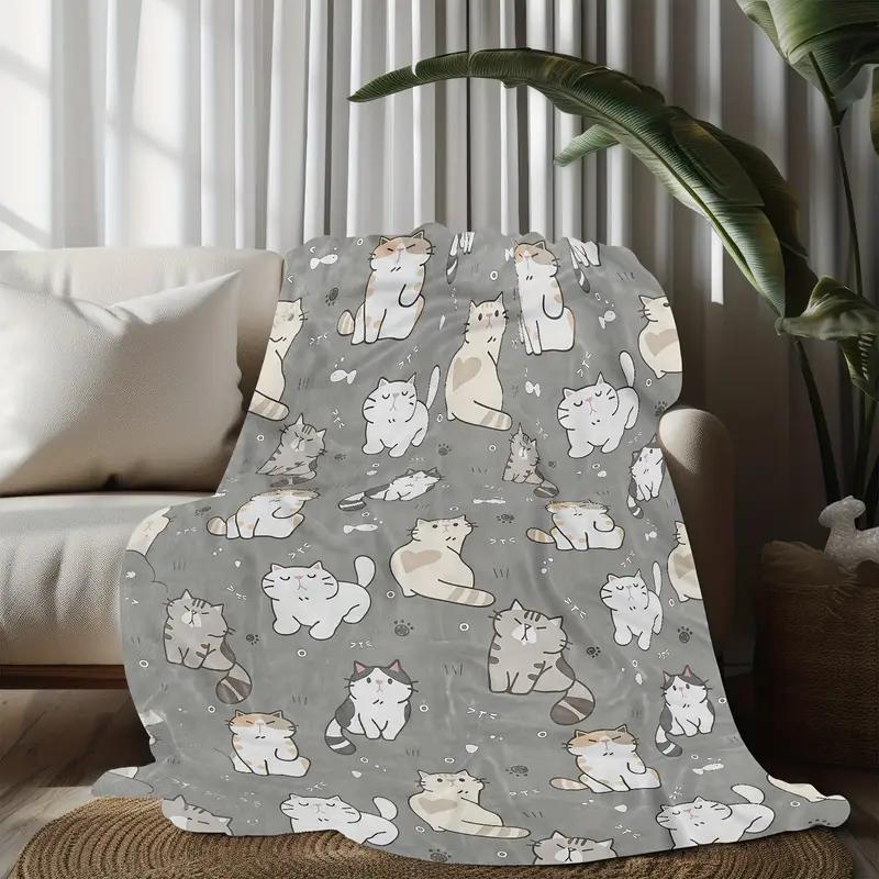 Soft Cat Face Print Flannel Blanket - Suitable for All Seasons, Perfect for Camping, Traveling, Bed, Halloween Christmas