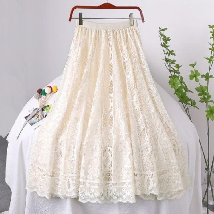 Saia Midi Evasê de Renda Bordada Jacquard Feminina Primavera Cintura Alta Saia de Temperamento de Comprimento Médio