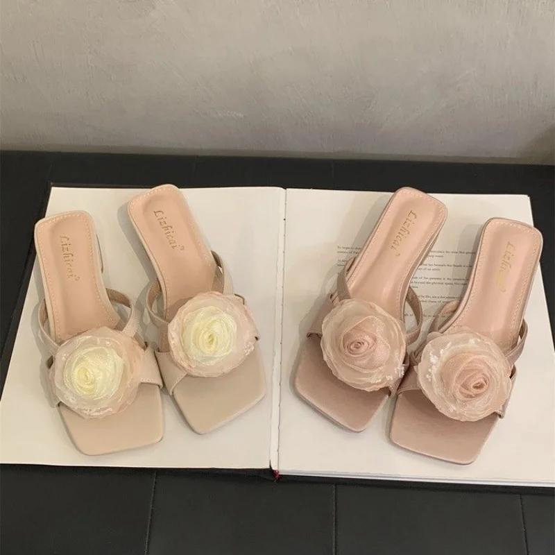 Fashion Women's Slippers French Pink Temperament Flip-flops Fairy Shoes Fashion Outside Wear 2025 New Summer New Chinese Flower Sandals