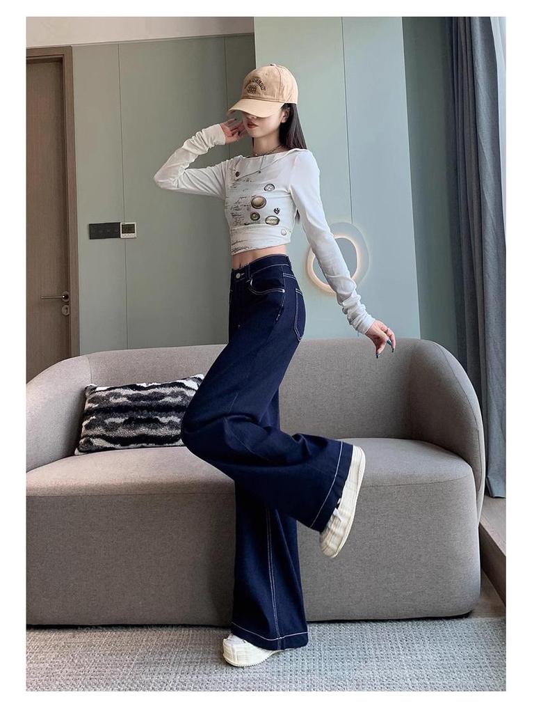 Women's High-Waist Straight-Leg Jeans with Leather Patch - Blue Wide-Leg, Floor-Length Denim for Autumn and Winter.
