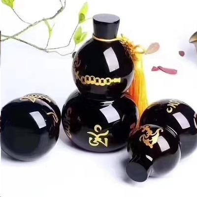 Obsidian Tai Chi Bagua Fu Lu Shou Kürbis: Feng Shui Ornament mit Sechs-Zeichen-Mantra und Fünf-Segen-Design