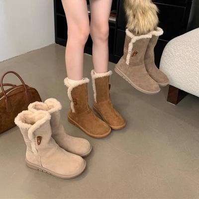 Dicksölig mittelhohe Schneestiefel für Damen, integrierte Baumwollstiefel mit Fell, neue Winterstiefel mit dickem Futter, warme, flauschige Baumwollschuhe