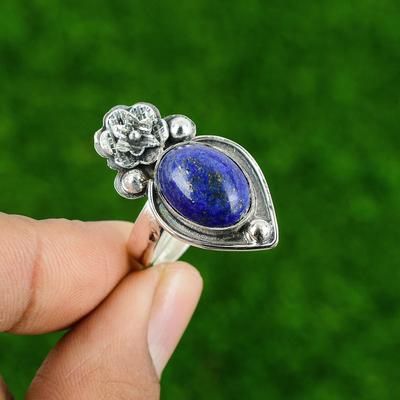 Natürlicher Lapislazuli 925 Silber Stapelbarer Blume Verstellbarer Ring für Frauen