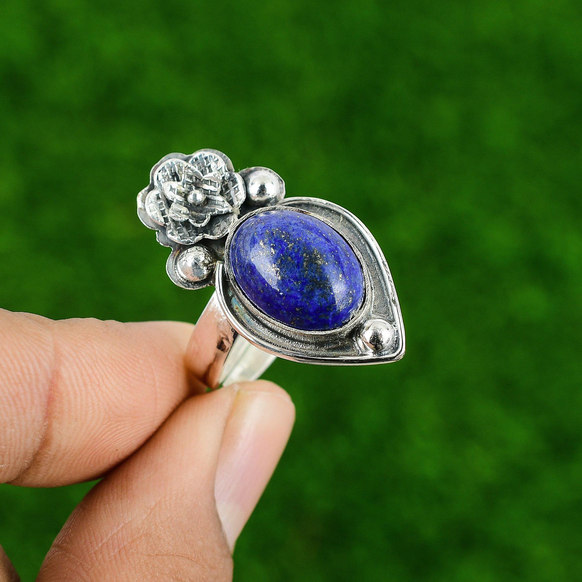 

Natural Lapis Lazuli 925 Silver Stackable Flower Adjustable Ring For Women Adjustable