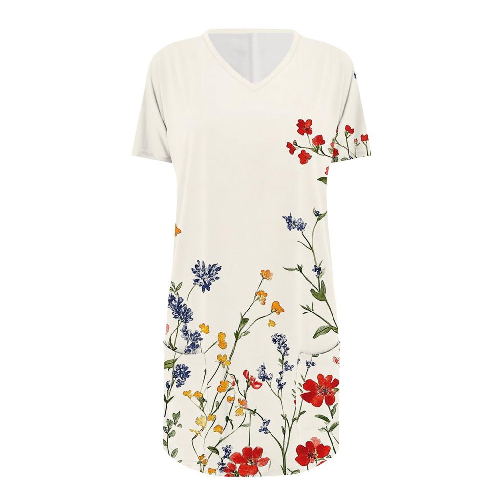 Damen Modisches Und Lässiges V-Ausschnitt Blumenmuster Mittellanges Taschen Kurzarm Oberteil