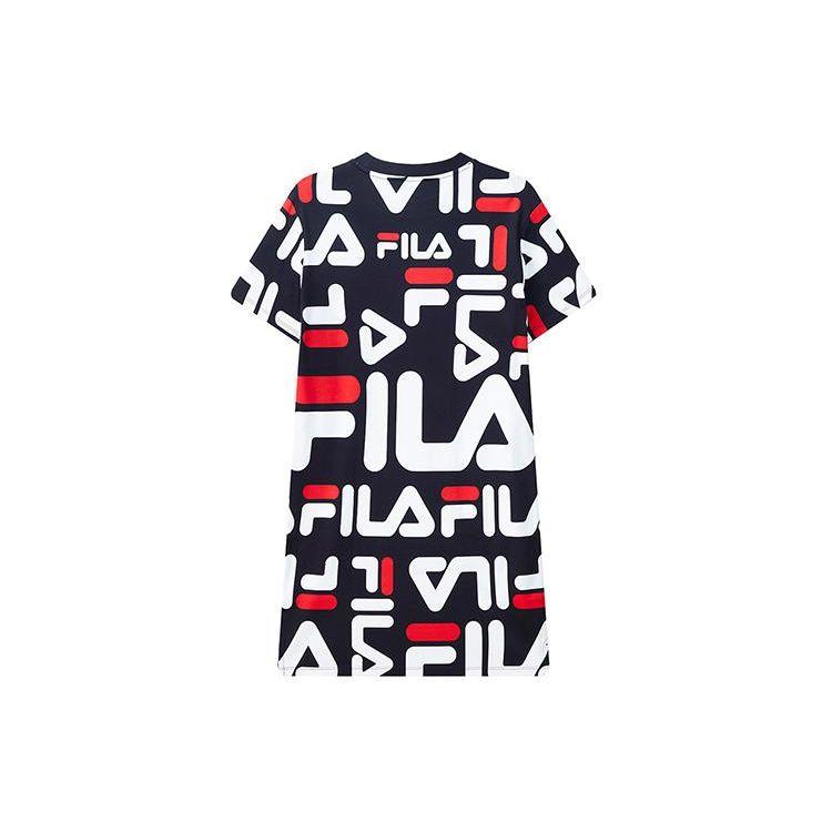 Fila Logo Print Round Neck Casual Short Sleeve Dress Women Dresses Navy-Blue F51W228199FNV