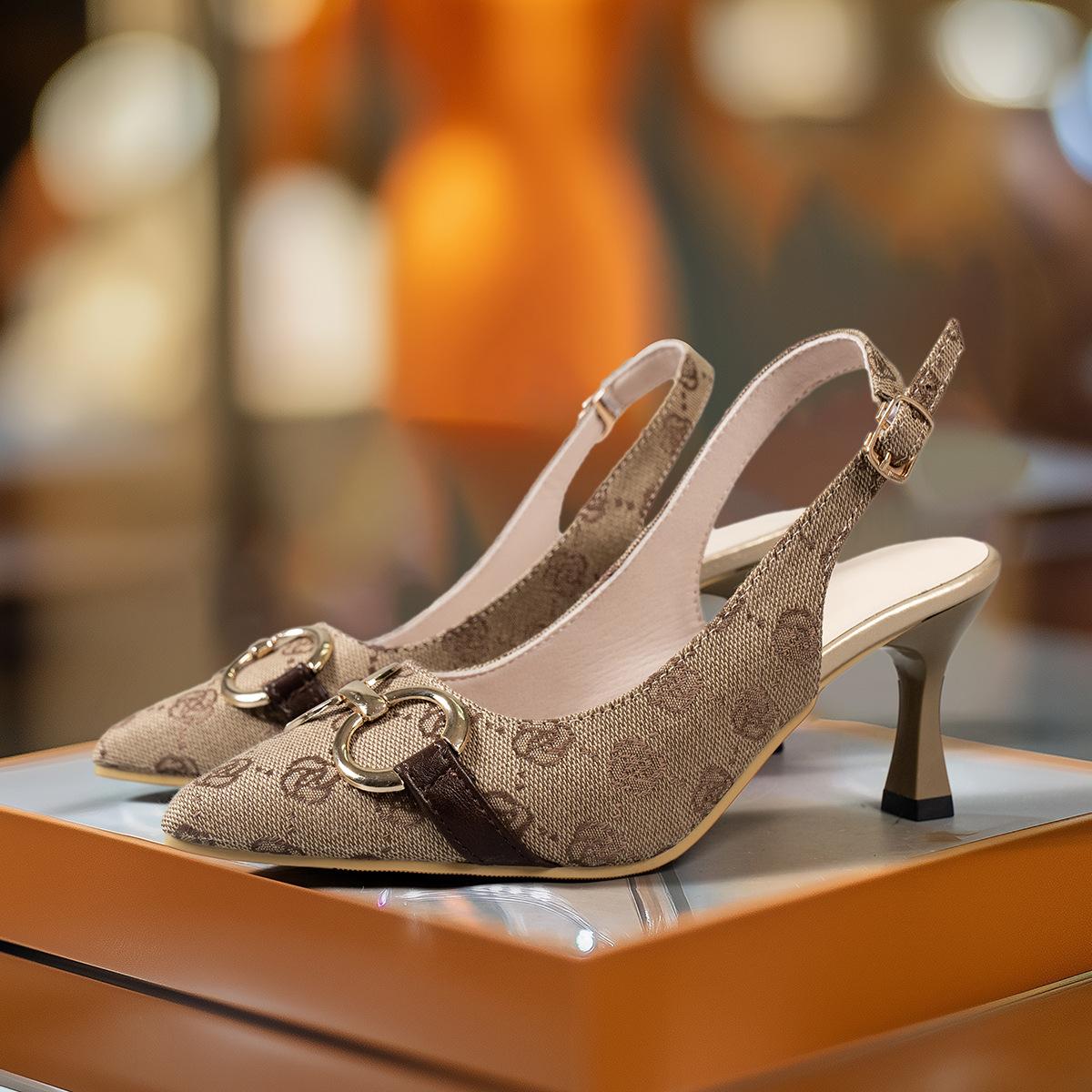 

Fashion thin heel light mouth empty high heel single shoes retro old flower decorative buckle comfortable commuter high heel sandals women 42 хакі